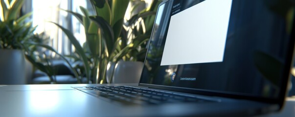 Canvas Print - A laptop rests on a table surrounded by green plants in a bright workspace.