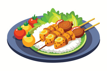 Delicious Grilled Chicken Skewers with Rice and Vegetables on a Plate - Vector Illustration on white background.