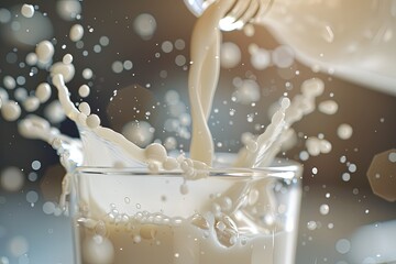 Poster - A stream of fresh milk cascades into a glass, splashing and creating droplets in soft morning light, showcasing a refreshing moment. Generative AI