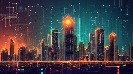 Poster - A futuristic city skyline with glowing lines of code and data streams in the background.