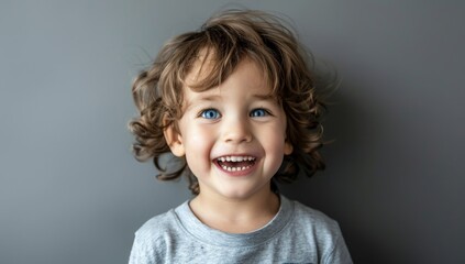 Adorable little boy with wavy brown hair and blue eyes, smiling mischievously at the camera, Little Boy's Joyful Smile: young boy with bright red curly hair, his face radiating pure joy and happiness