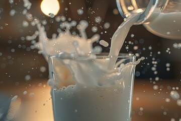 Poster - A glass is filled with fresh milk as it is poured from a glass bottle, causing splashes against a softly lit background. Generative AI
