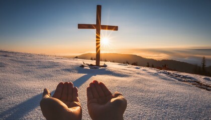 Hands raised in prayer toward a wooden cross on a snowy hill, with the winter sun rising behind them, casting a golden light.