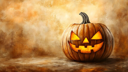 Jack-o'-Lantern with Glowing Face on Rustic Background.