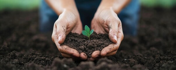 Wall Mural - Close up of human hands carefully planting a small green seedling in fertile soil symbolizing the growth renewal and new beginnings of life  Shallow depth of field with blurred background