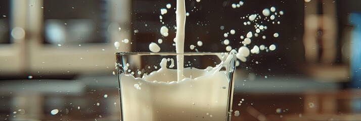 Poster - A glass is filled with milk as it splashes, creating an artistic display in a well-lit kitchen atmosphere. Generative AI