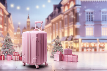 Suitcases christmas background. Traveling concep