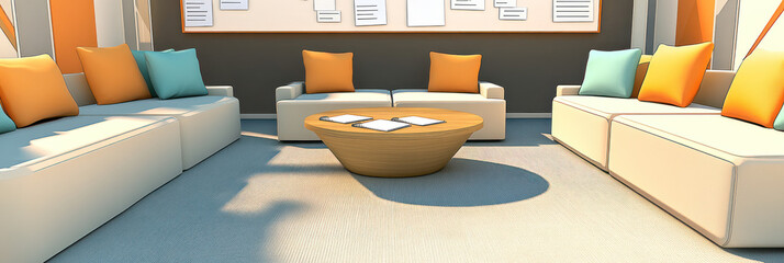 Poster - Modern lounge area with sofas, cushions, and a coffee table, designed for relaxation and collaboration.