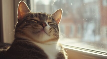 Close-up of a happy cat with a bright, cheerful face, resting near a window with a soft, natural light