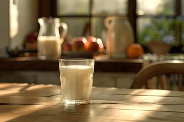 Aufkleber - Sunlight streams through the windows, illuminating a glass of milk on a wooden table in a cozy kitchen adorned with fresh fruits. Generative AI