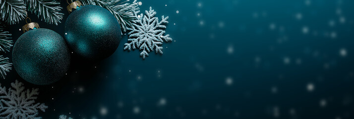 Festive falling snow flakes composition. Snowfall speck frozen shapes.  Christmas balls, Snowfall sky white teal blue illustration. Fuzzy snowflakes Christmas theme. Snow nature landscape.