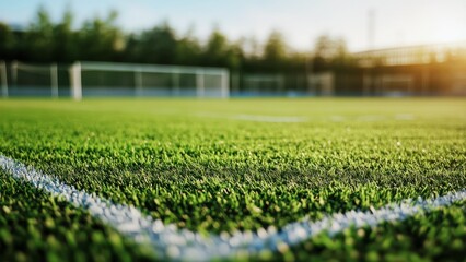 Close-up view of a soccer field corner with white line markings and green turf, sports blurred background