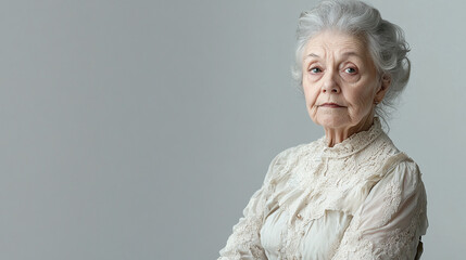 An old woman dressed in a vintage-inspired dress, posed elegantly against a bright gray background