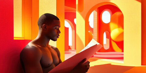 Canvas Print - A man reading in a vibrant, abstract environment with warm colors and geometric shapes.