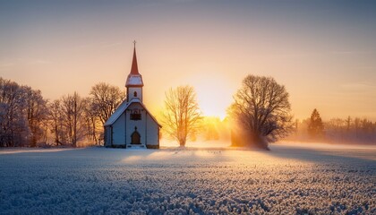 A small church in the middle of a frozen field, its windows glowing with the light of a winter sunrise as snow blankets the surrounding land.