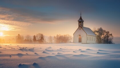 A small church in the middle of a frozen field, its windows glowing with the light of a winter sunrise as snow blankets the surrounding land.