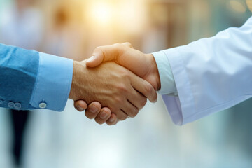 Two men shaking hands in a modern office boardroom, confident and smiling, surrounded by a group of diverse colleagues in business attire, finishing a successful team meeting.