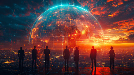 Poster - global business data analytics team analyzing world trends at sunset with 3d technology illustration