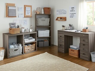 Poster - A cozy workspace featuring organized desks and shelves with baskets and documents.