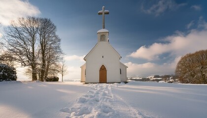 A white church standing in a snow-covered landscape, with a single wooden cross in front.