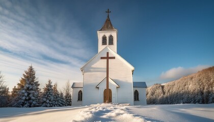 A white church standing in a snow-covered landscape, with a single wooden cross in front.