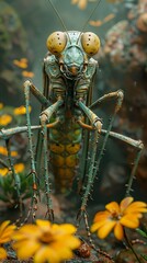 Wall Mural - Close-Up of a Praying Mantis with Striking Green and Yellow Colors