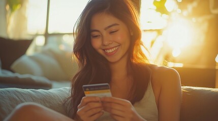 A beautiful Asian woman in a tank top is sitting on a sofa, holding a credit card and looking at it with a smile on her face. Online shopping from home