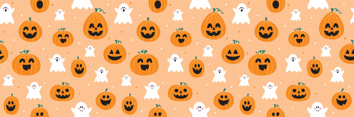 Wall Mural - halloween background. seamless texture with cute pumpkins and ghosts. banner. vector illustration