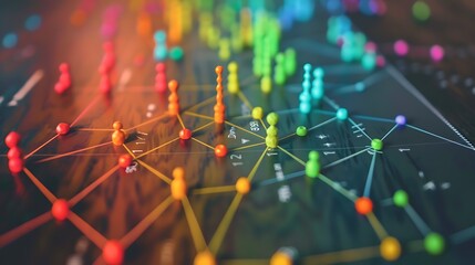Fototapete - Close-up shot of a network map with colorful pins representing nodes or connections. The lines connecting the pins show the relationships and interactions within the network.
