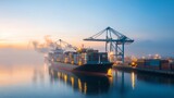 A serene early morning at a harbor, featuring a massive cargo ship surrounded by colorful containers and towering cranes, all set against a misty, golden atmosphere.