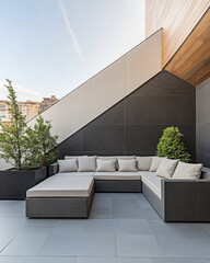 Cozy outdoor lounge area with sectional sofa and greenery during a sunny afternoon