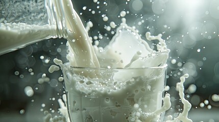 Poster - A stream of milk cascades into a glass, creating dynamic splashes and droplets, set against a gently illuminated backdrop. Generative AI