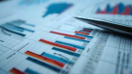 Poster - Close-up shot of a pen lying on a financial report with charts and graphs. The image depicts financial analysis and data representation.