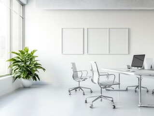 Poster - A modern office space with plants, chairs, and a desk, emphasizing simplicity and functionality.