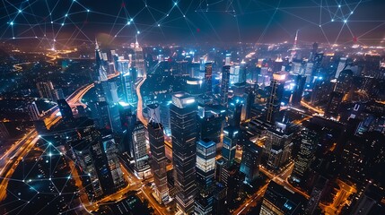 Wall Mural - Aerial night view of a modern city with illuminated skyscrapers, highlighting a network of connections. The image represents the interconnected nature of technology and the urban environment.