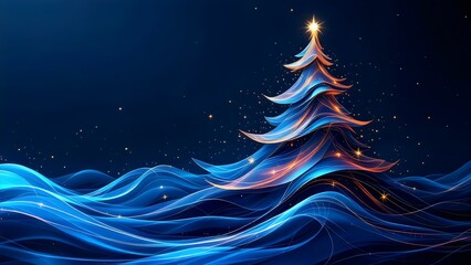 Glowing Christmas Tree Emerging from a Wavy Blue Landscape