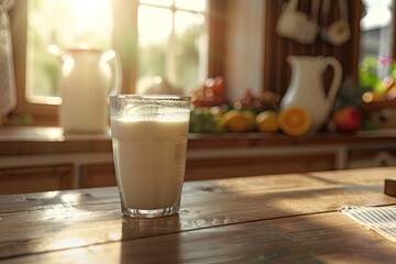 Poster - The warm sunlight streams through the window, highlighting a glass of milk on a rustic table amidst fresh produce. Generative AI