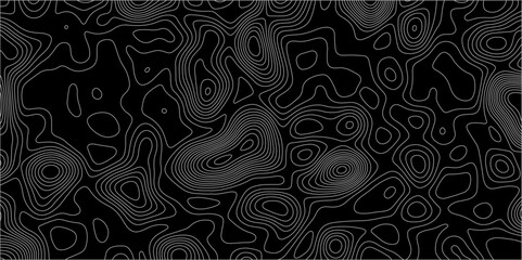 Poster - Abstract white on black background with Topographic line map pattern. abstract wavy and curved lines background. linear map. Dark seamless design. Bold tile able isolines pattern. Vector illustration.