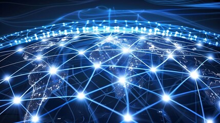 Fototapete - blue globe with white lines representing internet connections with glowing lights around the world.