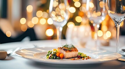 Wall Mural - A top-down view of an elegantly plated meal in a high-end restaurant. The soft bokeh lighting in the background accentuates the fine dining experience.