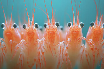 Shrimp under thick blue water with a blurred blue background. Generated by artificial intelligence