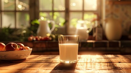 Fototapete - Sunlight filters through the windows, illuminating a glass of milk on a wooden table with fresh fruits nearby in a cozy kitchen. Generative AI