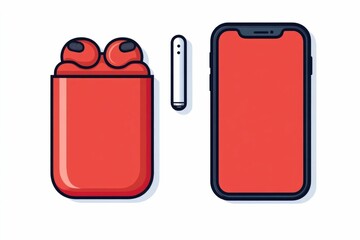 Poster - Sleek and modern icon depicting a set of wireless earbuds  their charging case  and a matching smartphone  all displayed on a clean  minimalist white background