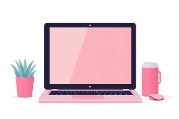 Poster - Minimalist icon depicting a laptop monitor and wireless mouse on a clean white background showcasing a modern digital work setup