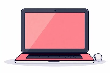 Poster - Minimal depicting a laptop computer monitor display and wireless mouse on a clean white background  This simple flat design showcases modern digital technology and workspace equipment in a minimalist