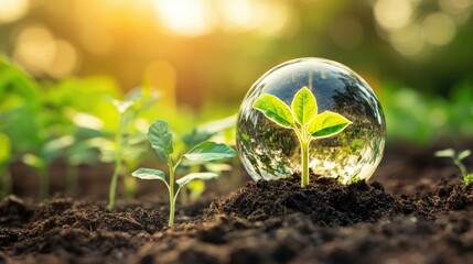 Water globe above plant seedlings, depicting fusion of natural resources and green innovation.