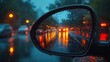 © Gelpi - Car side mirror reflection of a wet autumn road with orange lights and trees Generative AI