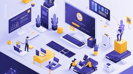 Poster - illustration depicting a modern tech startup office with people working on computers, showcasing var