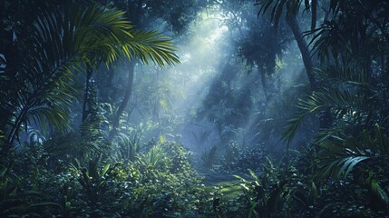 Wall Mural - mysterious jungle scene with sunlight streaming through the dense foliage.