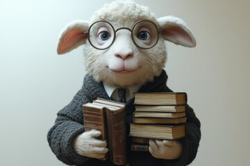 Sheep with Glasses Holding Books